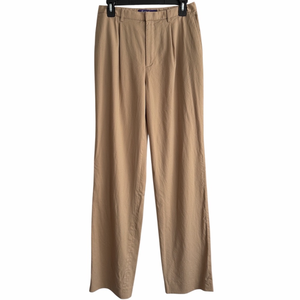 Ralph Lauren Purple Label Women’s Wool Khaki Tan Trousers Pleat Front Wide Leg 6